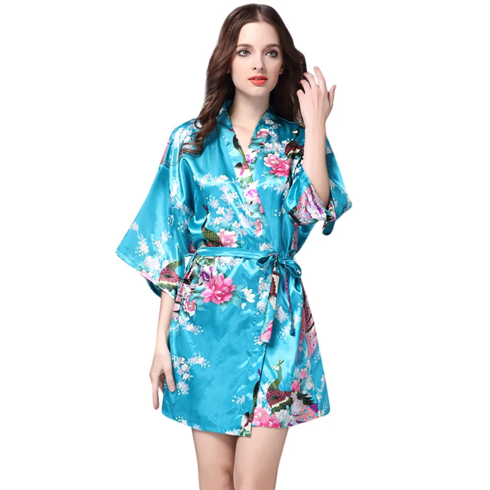 Sky Blue Шелковый атлас для свадьбы, невесты, подружки невесты халат цветочный халат Короткое Кимоно халат ночной халат банный халат модный Халат - Цвет: Sky Blue