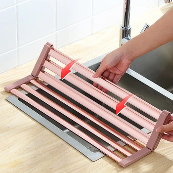 

Roll Up Foldable Organizer Drainer Over Sink Dish Drying Rack Heat Resistant Kitchen Storage Holder For Cups Space Aluminum