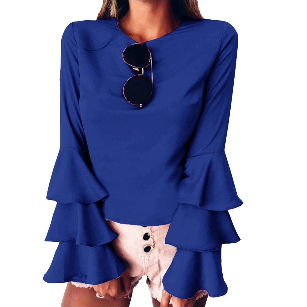 Модная Осенняя женская блузка размера плюс, одноцветная шифоновая блузка с оборками и длинным рукавом и круглым вырезом, Топ для женщин, верхняя одежда