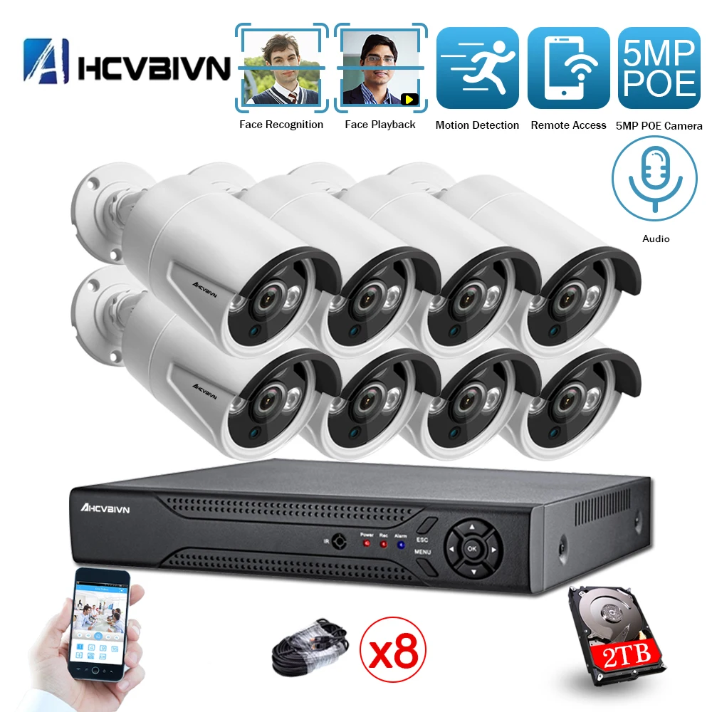

AHCVBIVN H.265 8CH 5.0MP Audio POE IP Camera System Outdoor IR-CUT CCTV Video Surveillance Recorder Kit Face-Recording