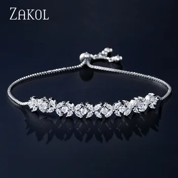 

ZAKOL New Arrival White CZ Zircon Stones Flower Charm Adjustable Bracelets for Women Fashion Wedding Jewelry FSBP2136