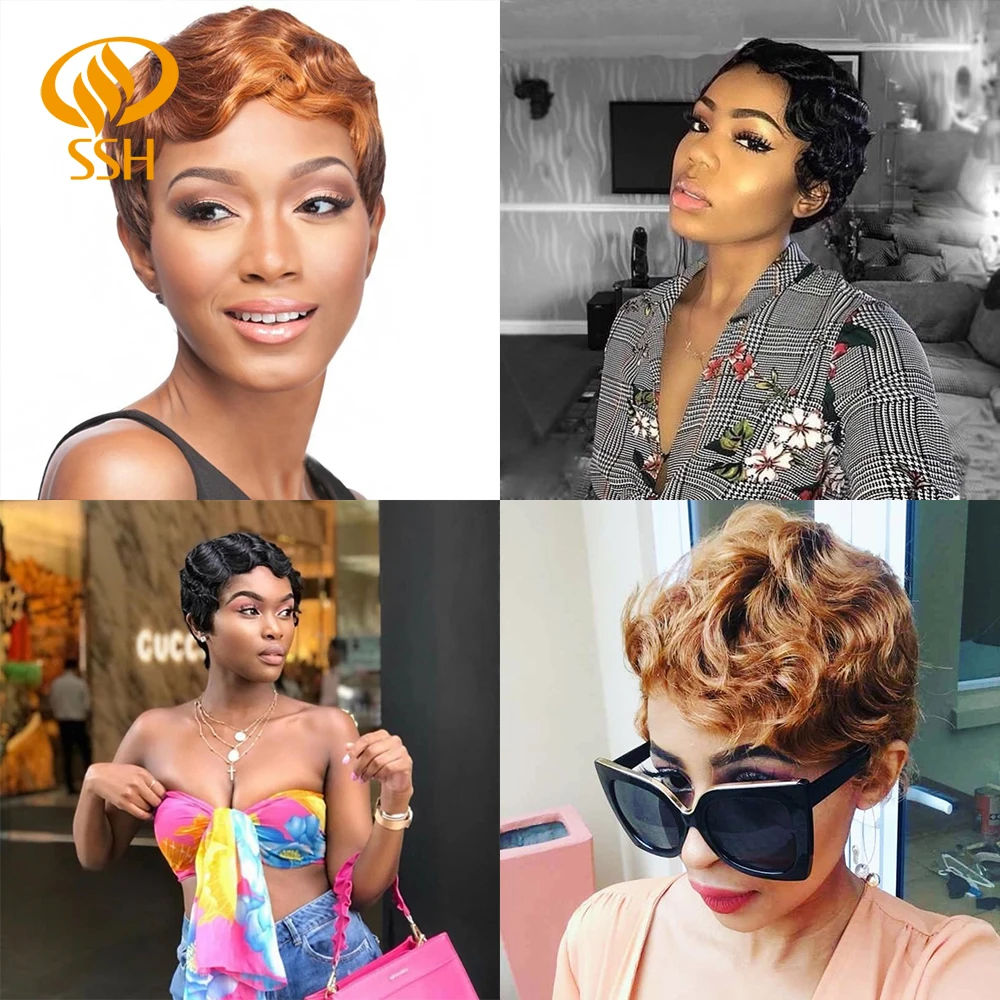 SSH Finger Wave Human Hair Wigs Brazilian Remy Short Human Wigs For Black Women Short Pixie Cut Wig Human Hair Short Bob Wigs