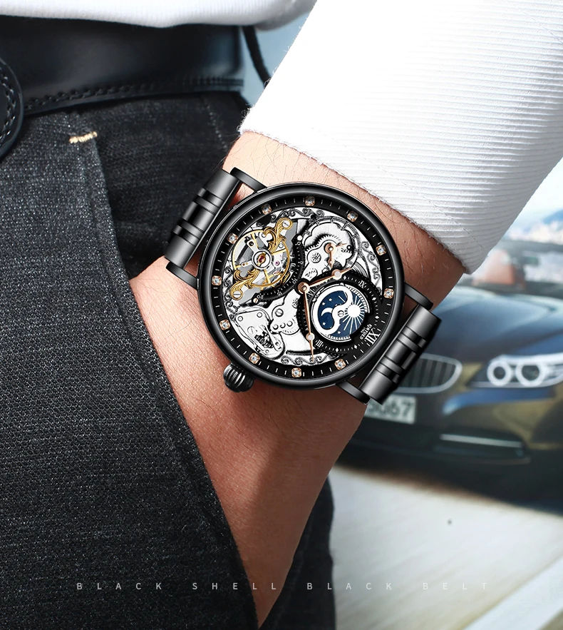 Kinyued Men Mechanical Wristwatch Skeleton Waterproof Stainless Steel Automatic Hand Clock For Man Gift mechanical watch