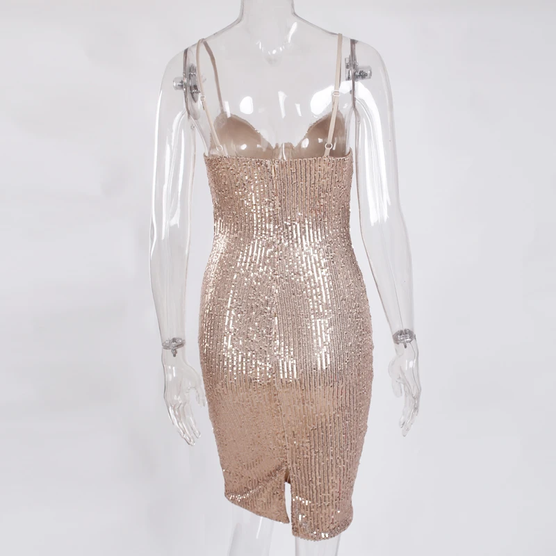 Sleeveless Sequined Mini Dress Stretch Sexy V Neck Bodycon Night Clubing Party Dress