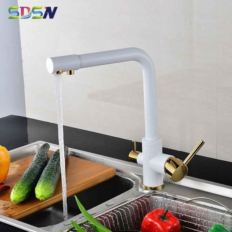 Filter Kitchen Faucet SDSN White Gold Drinking Filtered Water Kitchen Mixer Tap Dual Hand Brass Pure Filtered Kitchen Faucets