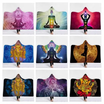 

India Mandala Chakra Hooded Blankets For Adults Coral Fleece Winter Buddha Statue Yoga Travel Airplane Throw Blankets for Sofa