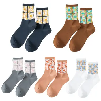 

Korean Style Women Daisy Floral Patchwork Long Ankle Socks Transaprent Glass Fiber Mesh Ultra-Thin Jacquard Hosiery
