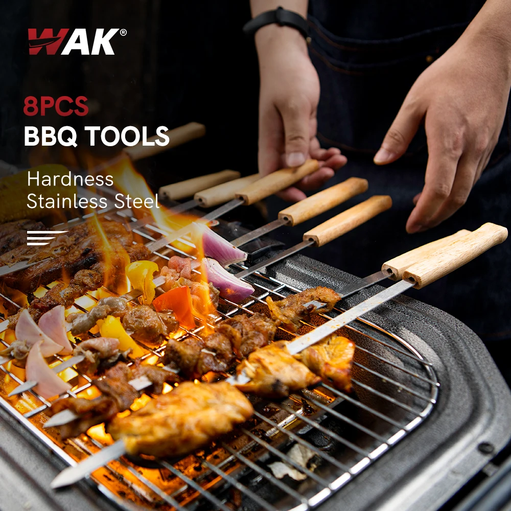 WAK Outdoor 8PCS BBQ Skewers Tools Polishing Wooden Handle Grill Roasting Sticks 43.5cm Camping Set Storage Bag Kiit