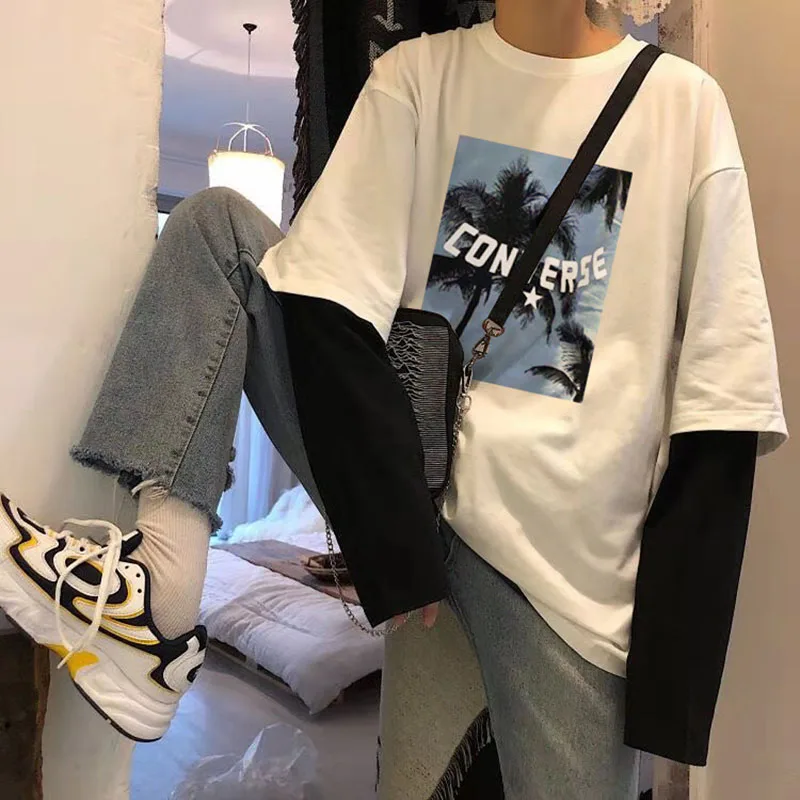 Coconut tree Print Fake two White Black Patchwork Men T shirt Long Sleeve Casual Couple Clothes Autumn oversized women tops 2019 Coconut tree Print Fake two White Black Patchwork Men T shirt Long Sleeve Casual Couple Clothes Autumn oversized women tops 2019