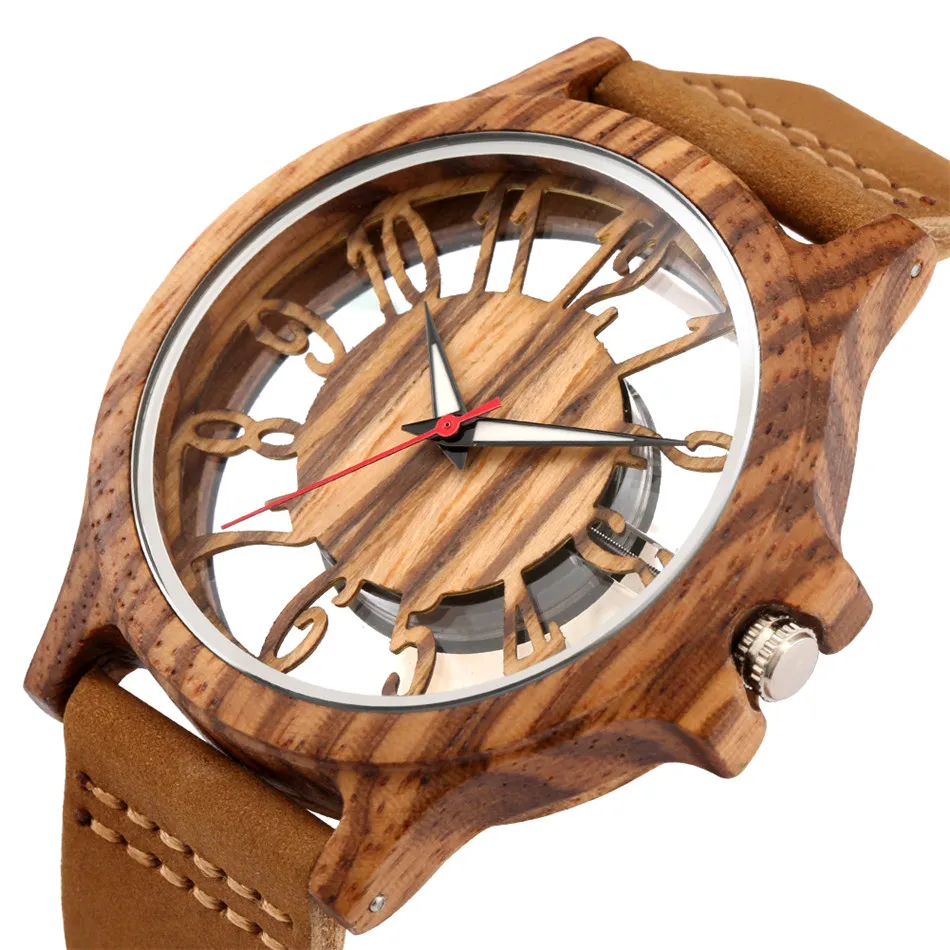 Transparent Hollow Arabic Numerals Display Men's Wood Watches Chic Fashion Male Quartz Genuine Leather Timepiece New 2020 | Наручные