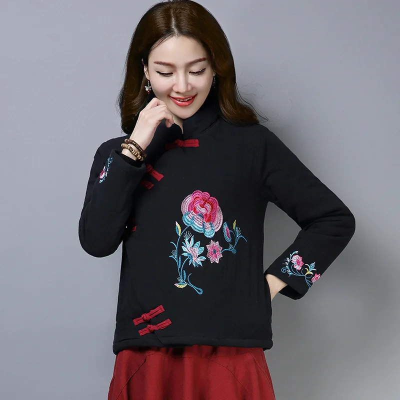 

2019 Winter New Style Large Size Dress Retro Chinese-style Cotton Linen Frog Embroidered Loose-Fit Slimming Long Sleeve Cotton-p