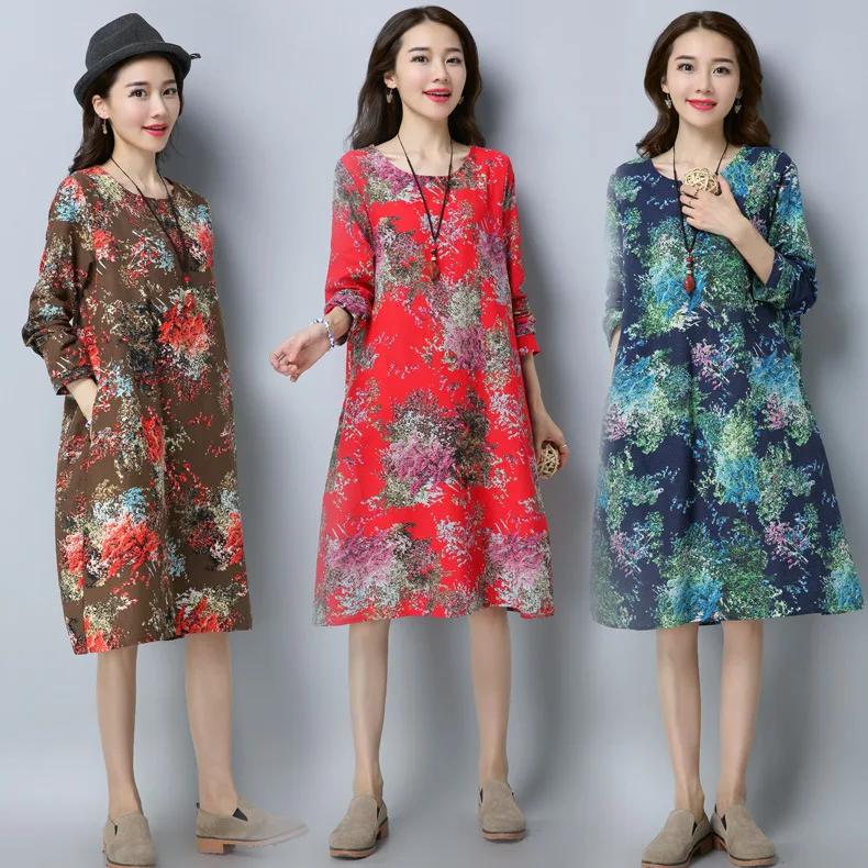 

2019 New Style Large Size Cotton Linen Dress Women's Vintage Printed Loose-Fit Cotton Linen Mid-length Skirt