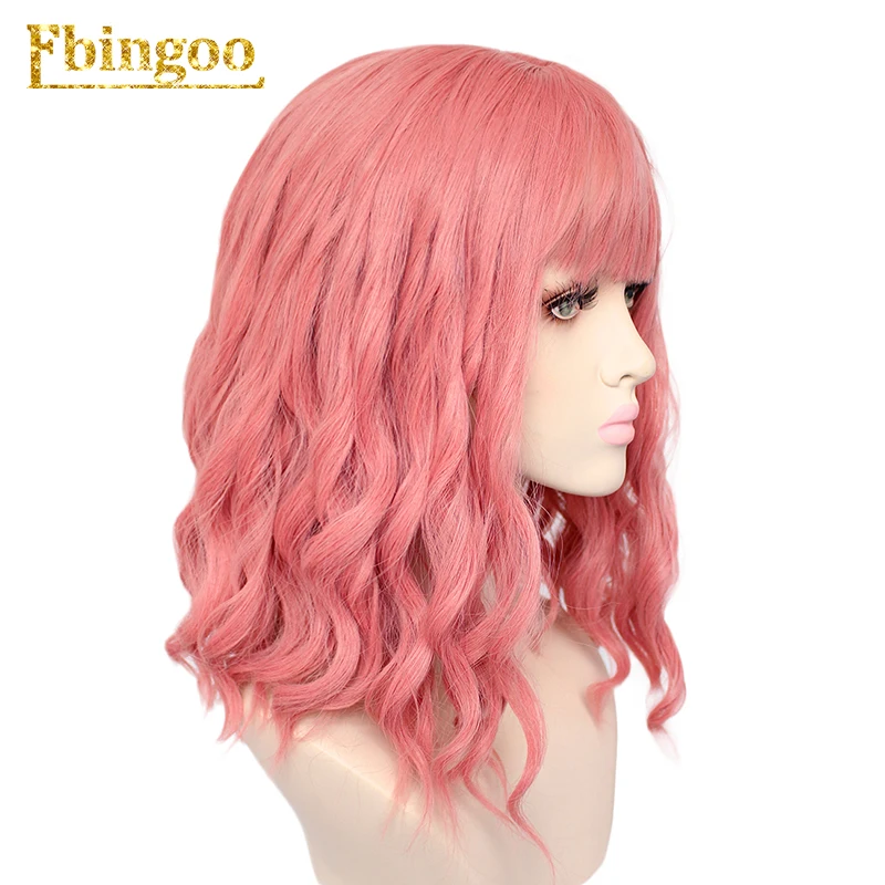 Ebingoo розовый короткий объемный волнистый Боб высокотемпературное волокно черный белый блонд синтетический парик для белых женщин с челкой бахрома+ Кепка