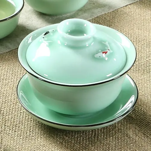 Чайный набор [GRANDNESS] Longquan Celadon Gaiwan Gongfu чайных 3d-рыбок кружка 140 мл | Дом и сад