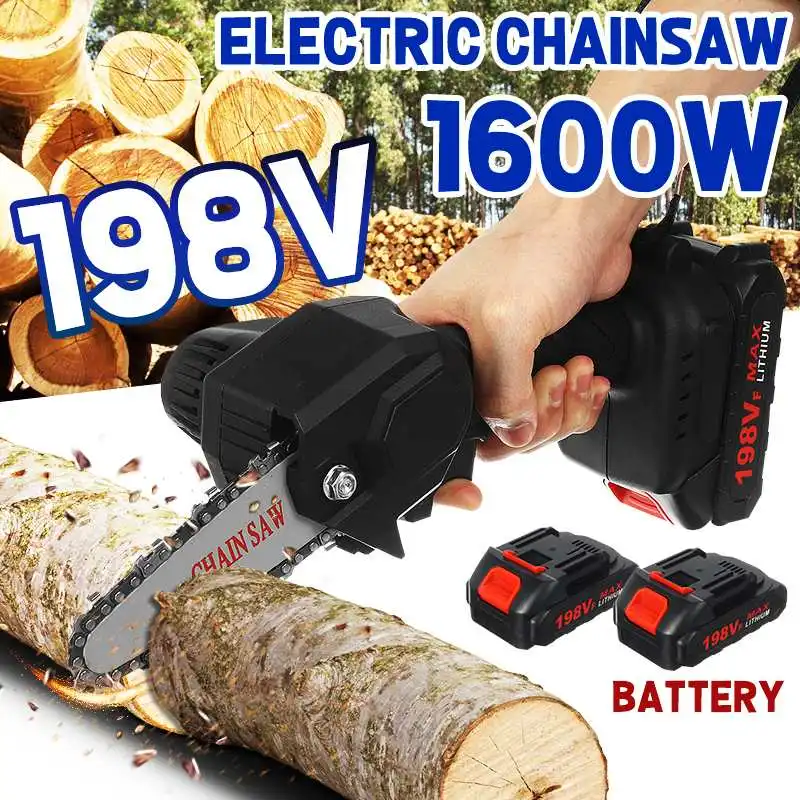 Motosierras de cadena sin cable, sierra eléctrica 198VF 1600W, herramientas de jardín extraíbles, batería de carpintería recorte