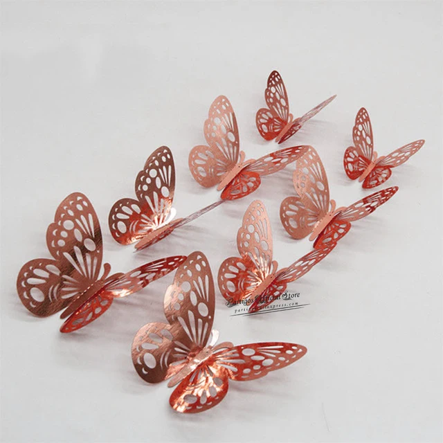 12Pcs 4D Hollow Butterfly Wall Sticker DIY Home Decoration Wall Stickers wedding Party Wedding Decors Butterfly Kids Room Decors rose gold 3