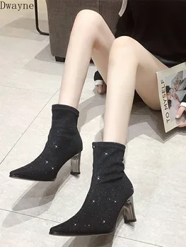 

Short boots tide 2019 autumn and winter new sequins stretch cloth women's boots pointed high heels net red Martin boots