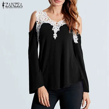 

ZANZEA Women Blouses 2020 Autumn Sexy Off Shoulder Lace Crochet V-Neck Shirts Casual Loose Tops Long Sleeve Blusas 5XL Plus Size