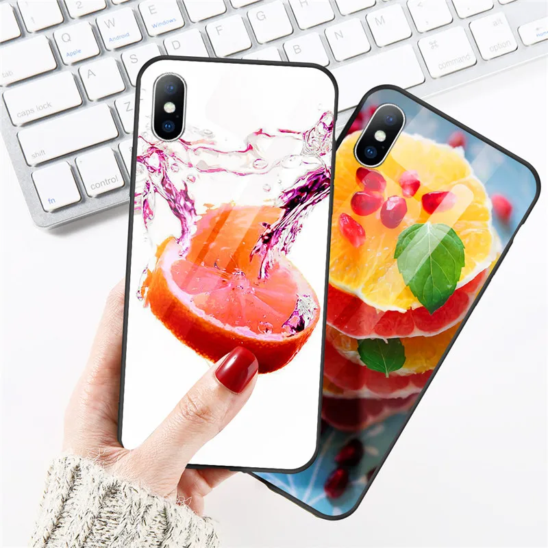 

KJOEW Glass Phone Case For iPhone 10 6 s XS MAS XR Fruit Orange lemon Cover The Case For iPhone 8 7 6 6s Plus X Luxury Case