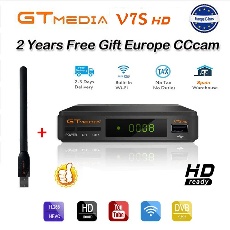 Горячая Распродажа, спутниковый ТВ приемник, Gtmedia V7S, HD приемник, поддержка Европы, Cline для Испании, DVB-S2, спутниковый декодер, Freesat V7 HD