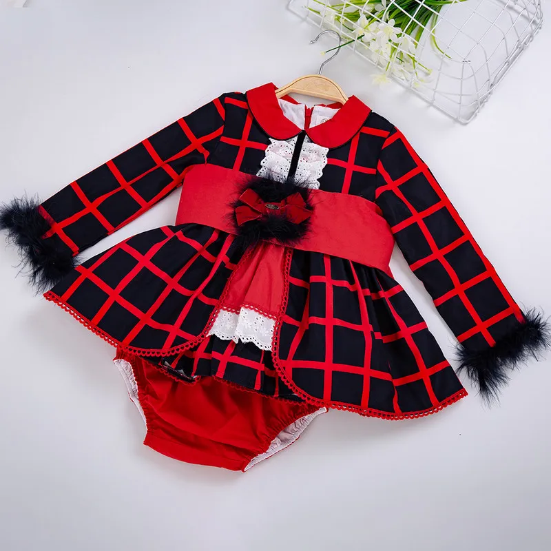 Cutestyle/осенний комплект одежды с отложным воротником для маленьких девочек, детские костюмы из искусственного меха в красную клетку топ с бантом+ красные штаны из полипропилена EG-DMCS107-B357