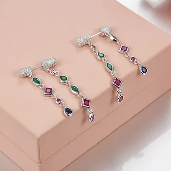 

Colored gem stone tassels drop earrings Monaco Women Luxury Zircons 925 sterling silver Earrings aretes de mujer modernos 2018