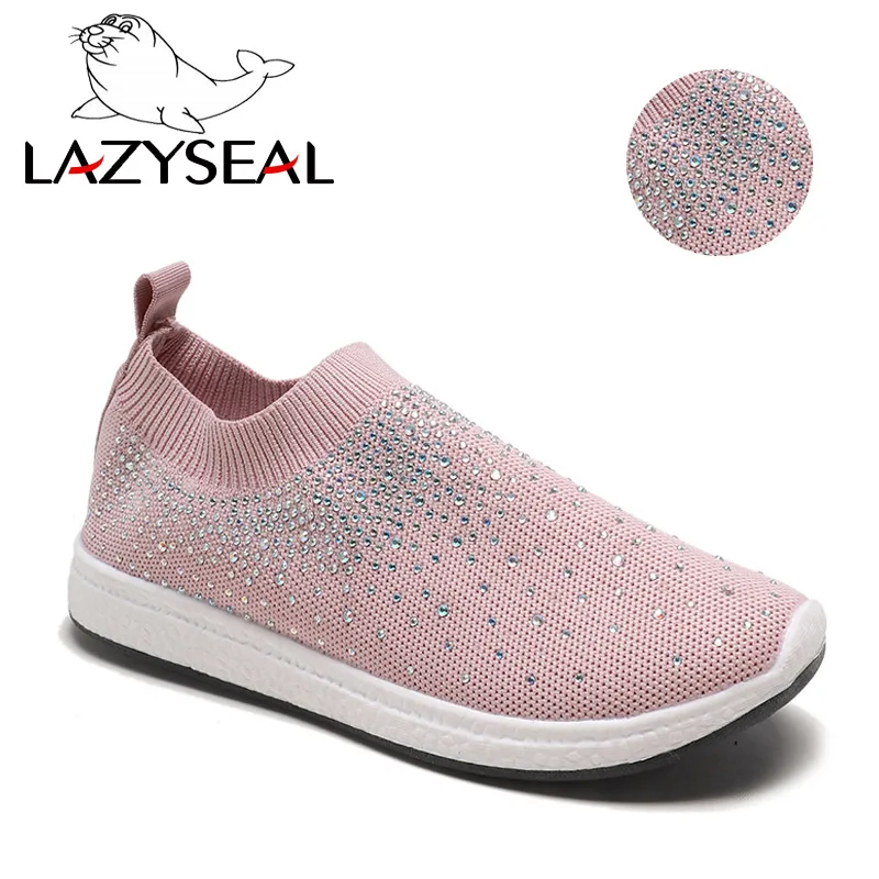 Lazyseal/обувь с украшением в виде кристаллов; женская обувь на плоской подошве из сетчатого материала; Яркая обувь со стразами; удобная женская обувь; женская обувь на плоской подошве - Цвет: Pink