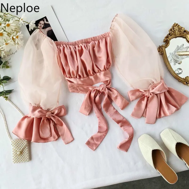 Neploe, дизайнерская сексуальная блузка с открытой спиной и вырезом лодочкой, пляжная, праздничная, короткая, на шнуровке, с бантом, Blusas, на осень и весну, открытая, пиломатериал, рубашка