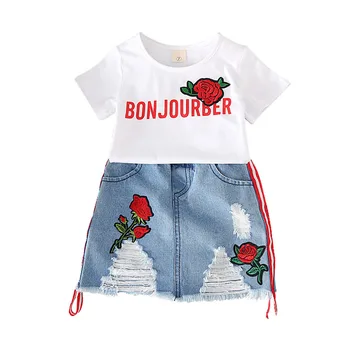 

Summer baby white tee + ripped denim skirt girls 2 pcs set kids suit children floral embroidery letter side striped 2 to 7 yrs