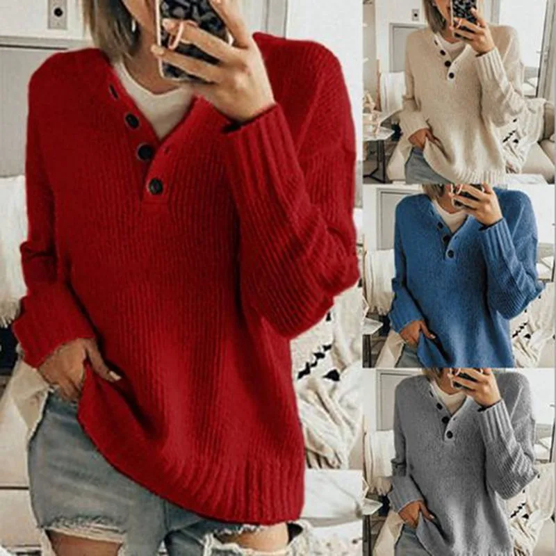 

Large Size Loose Women's Sweater V-neck Fashion Button Pure Color Women's Knitted Pullover High Quality Women's Sweater