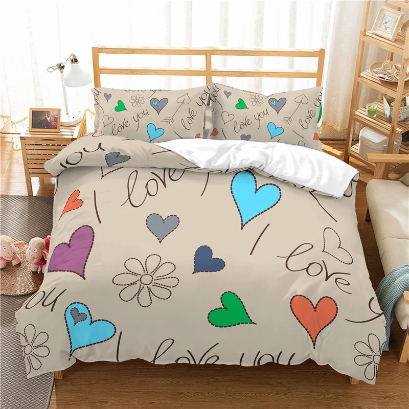 

Luxury 3D Heart Love Print 2/3Pcs Kids Adult Bedding Set Comfortable Couple Duvet Cover Pillowcase Home Textile Queen/King Size