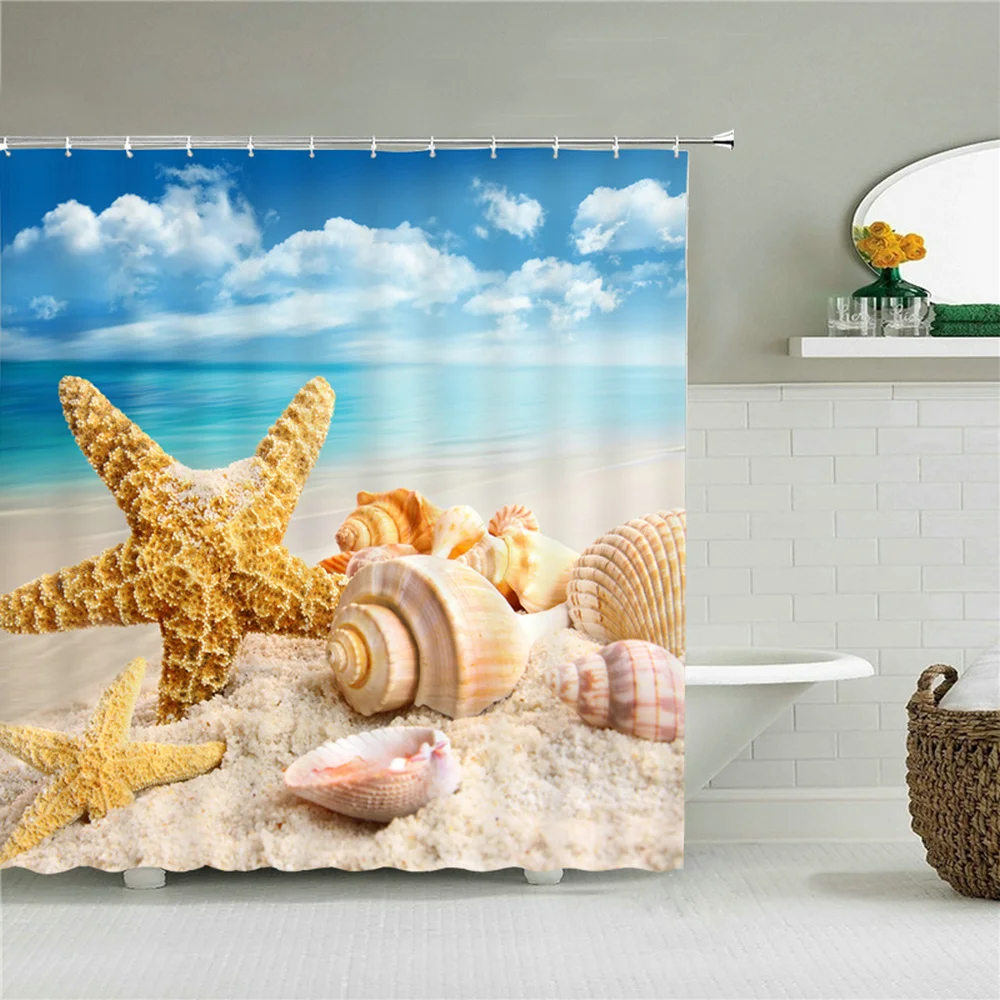 3D Beach Starfish Pattern Polyester Fabric Anti-Bacterial Bathing Shower Curtain 