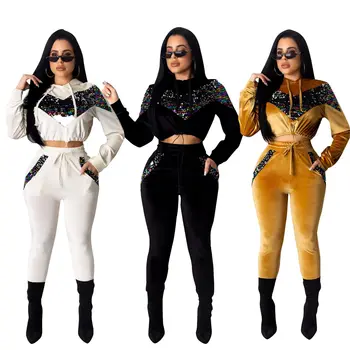 

Autumn Velvet Sequin Splice Fall Winter Outfits Two Piece Set Women Hoodie Tops Pant Sweat Suit Velour Tracksuit Matching Sets s