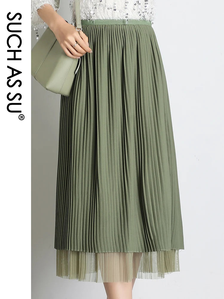 

New Fashion Net Yarn Corduroy Skirt Women Black Green Apricot White Skirt Elastic Waist Elegant Mid Calf Length Pleated Skirt