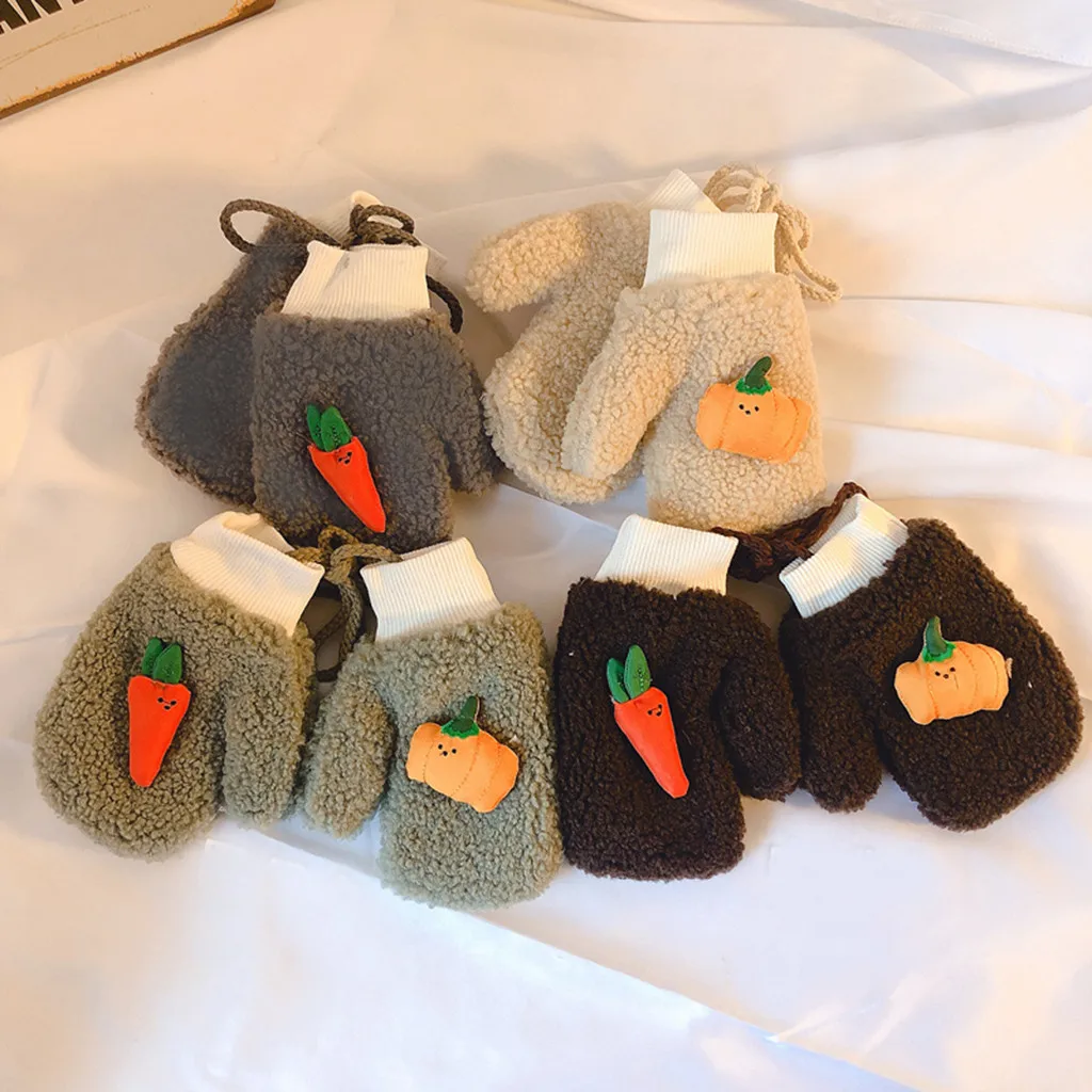 Детские варежки для мальчиков и девочек, перчатки с рисунком моркови и тыквы, теплые плотные трикотажные зимние перчатки, детские варежки для новорожденных