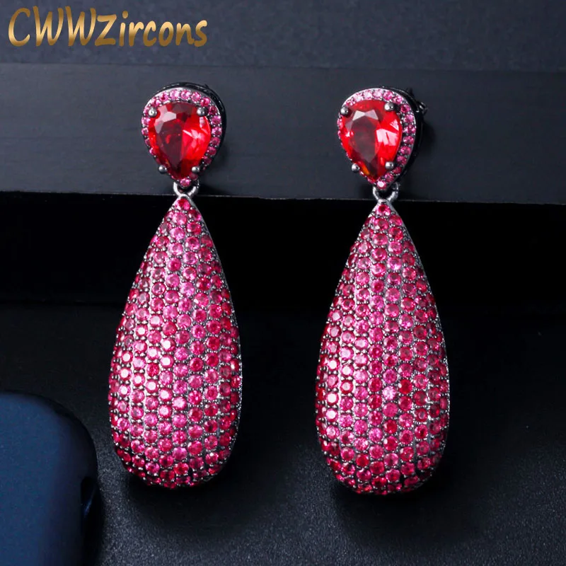 CWWZircons, роскошные серьги с микро кубическим цирконием, уникальный черный золотой цвет, ярко-розовый, красный цвет, большие висячие вечерние Висячие серьги для женщин CZ592 - Окраска металла: red