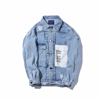 

ABOORUN Mens Ripped Denim Jacket Multi Pockets Tooling Jeans Jacket Blue Oversized Streetwear Hip Hop Denim Jacket Male R3192