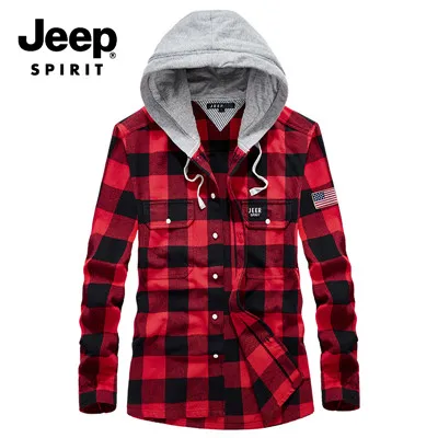 JEEP SPIRIT осенние куртки модная клетчатая куртка с капюшоном и воротником мужская Повседневная Свободная хлопковая дышащая мужская куртка Chaqueta Hombre - Цвет: Красный