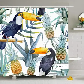 

Shower Curtain Set with Hooks 60x72 Bird Tropical Palm Tree Toucan Watercolor Flora Jungle Pineapple Floral Nature Textures