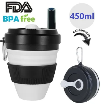 

450ml Silicone Collapsible Cup Convenient Travel Coffee Mug Portable Reusable Sport Bottle with Lids Expandable Drinking Cup
