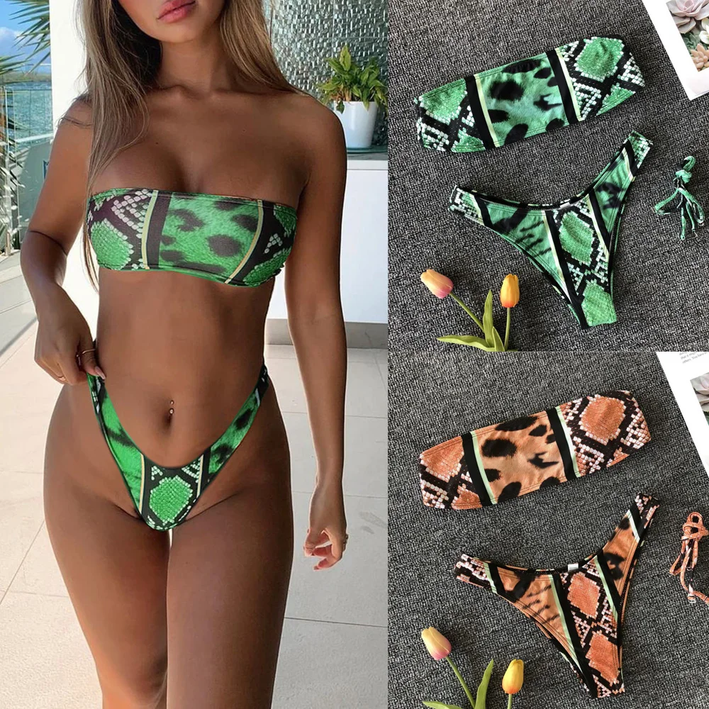 

High Cut bikini Leopard Bikini Set Bandeau Print Swimwear Women Swimsuit Bathing Suit Biquinis Female Beach Maillot De Bain