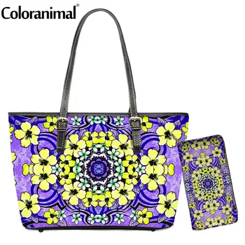 

Coloranimal Tribal Mandala Hibiscus Flower Printed Ladies Tote Handbag PU Leather Shoulder Bag 2Pcs/Set Crossbody Bag&Wallet