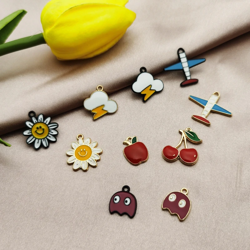 

10pcs Cute Cherry Lightning Aircraft Ghost Daisy Enamel Alloy Charms Pendants Fit for Jewelry Earrings Bracelet DIY Accessories