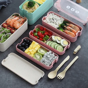 

Creative Wheat Straw Three-layer Lunch Box 1.1L Cute Student Lunch Box with Tableware Japanese Lunch Box