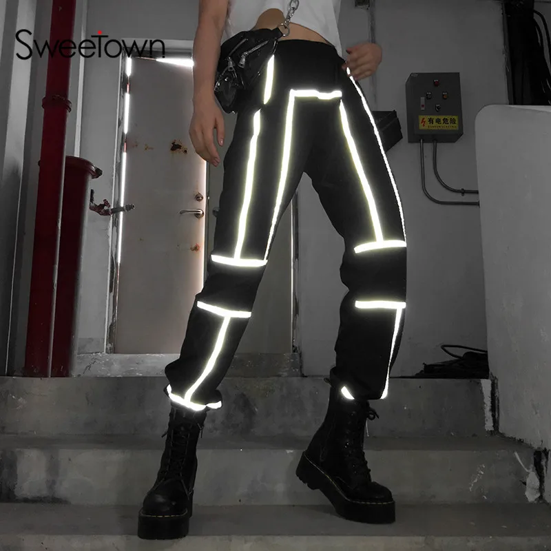 

Sweetown Striped Track Reflective Gothic Pants Streetwear Black Elastic High Waist Pockets Woman Harem Jogger Pants Harajuku