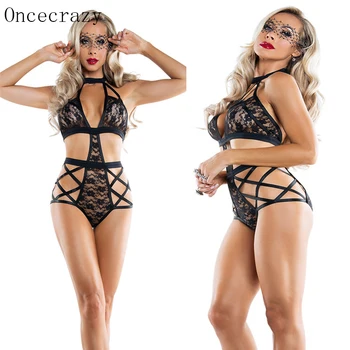 

Oncecrazy Sexy lingerie lace deep V perspective jumpsuit straps exposed milk sexy suit Women Erotic Lingerie Hollow Underwear