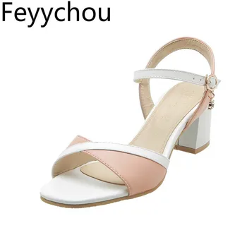 

Women Sandals High Heel Beach Shoes Pu Peep Toe Buckle Mixed-colors 2019 Summer Sexy Fashion Casual Wedding Office Apricot Pink
