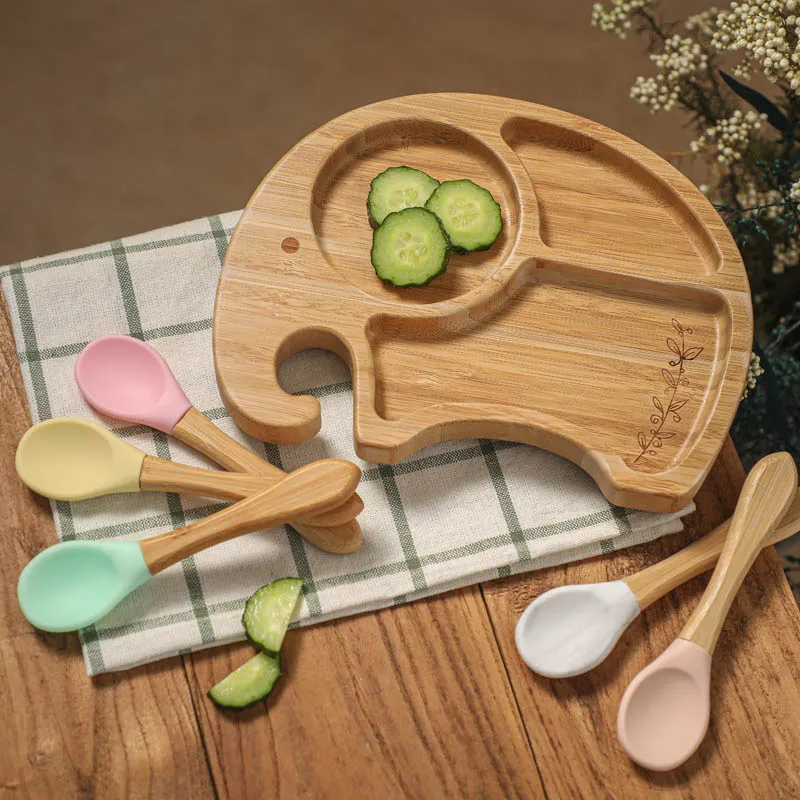 1PC Bamboo Wooden Dinnerware Baby Feeding Accessories Cartoon Animals Elephant Dinner Plate With Sucker Products Gifts | Мать и ребенок