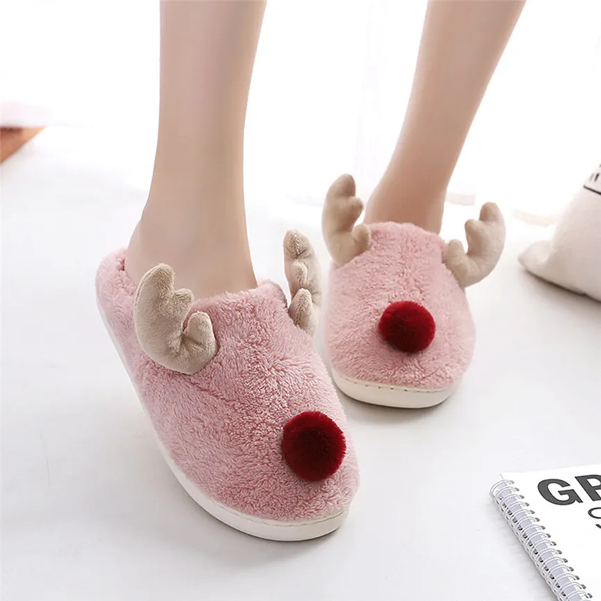 

Winter Ladies Cute Cartoon Deer Animal Cotton Shoes Fashion Non-Slip Plush Home Slip On Indoor Cotton Fabric Plush Slippers 40