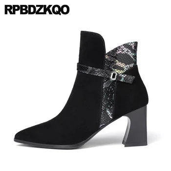 

chunky shoes big size black suede ankle fur sheepskin high heel pointed toe booties brand women winter boots genuine leather